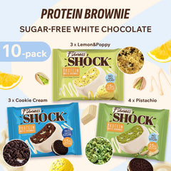 FitnesSHOCK brownie bar soft-baked exterior close-up, chewy texture for a mindful treat.