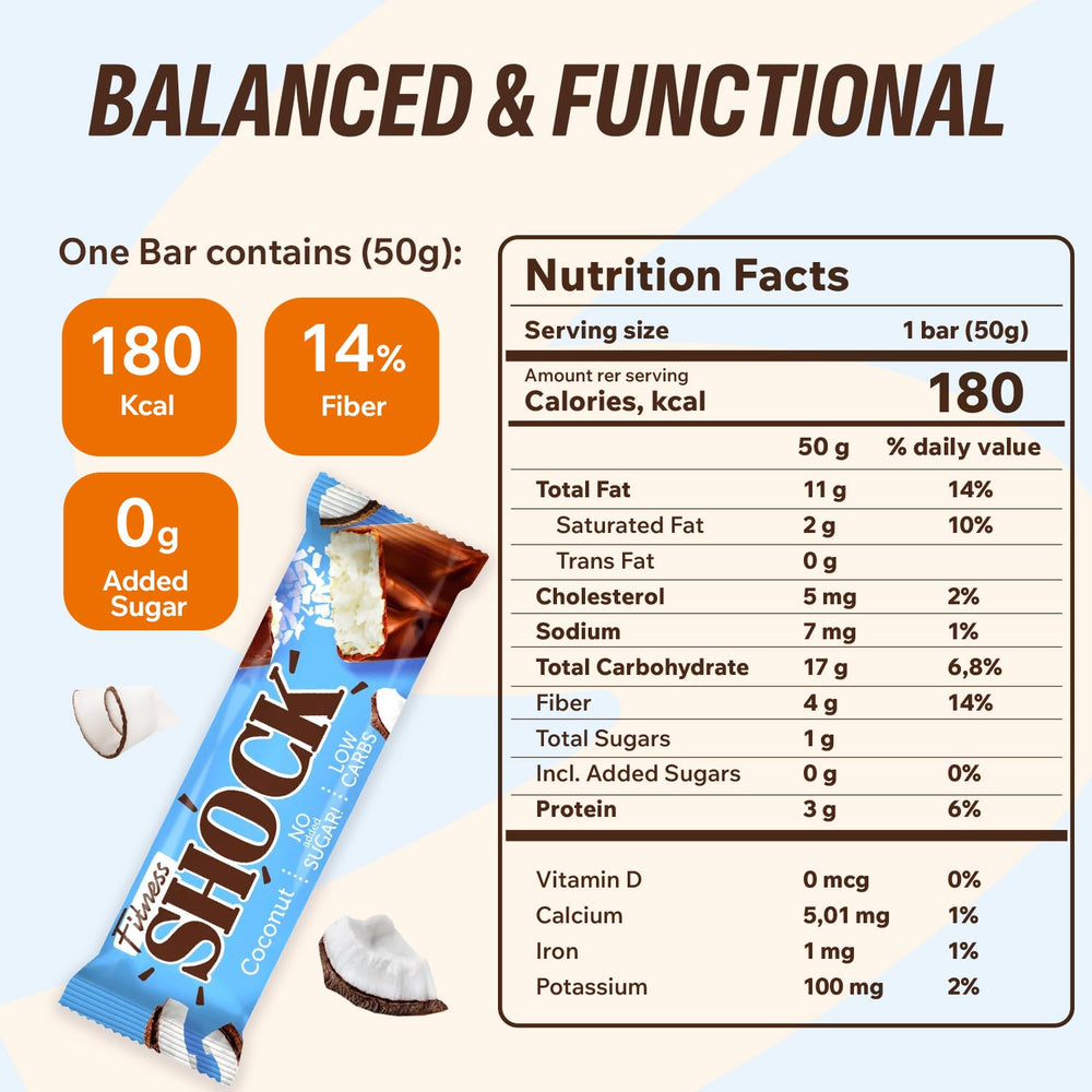 FitnesSHOCK coconut bars chocolate coating close-up, creamy texture.