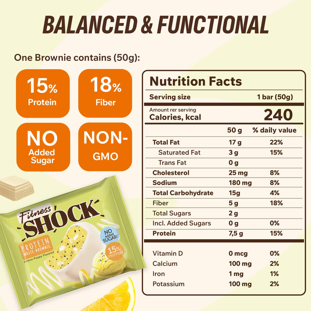 FitnesSHOCK brownie with lemon poppy seed, great as a light afternoon treat