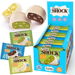 FitnesSHOCK white chocolate brownie pistachio close-up, low-sugar afternoon snack.