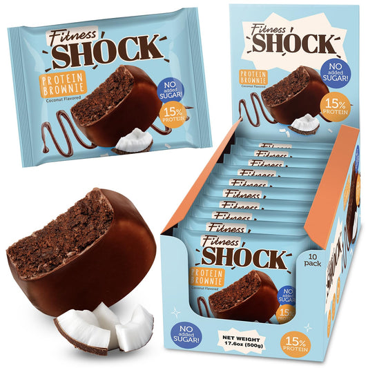 FitnesSHOCK protein brownies packaging shows a 10-count box for easy portion control.
