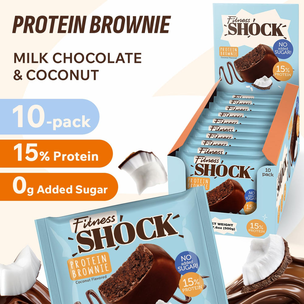 Soft-baked FitnesSHOCK brownie texture showcased for indulgent bite.