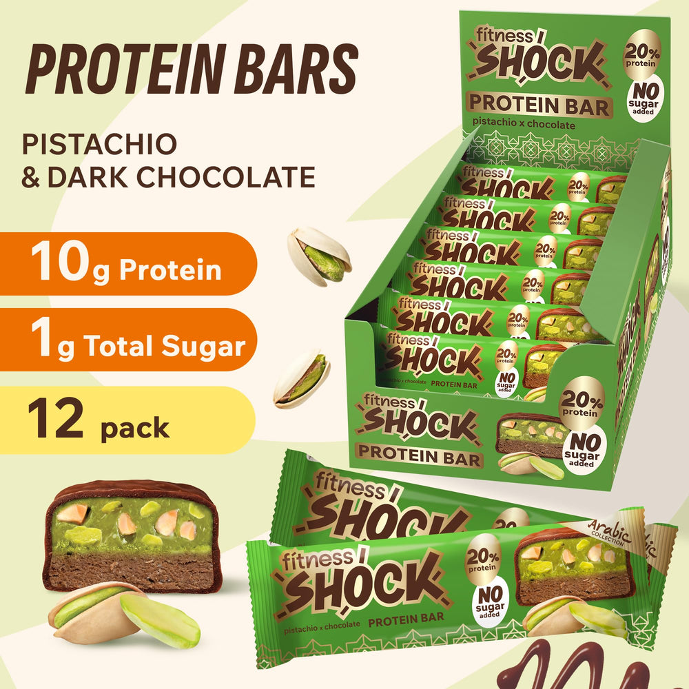 FitnesSHOCK bar with glossy chocolate coating highlighting smooth texture and flavor.