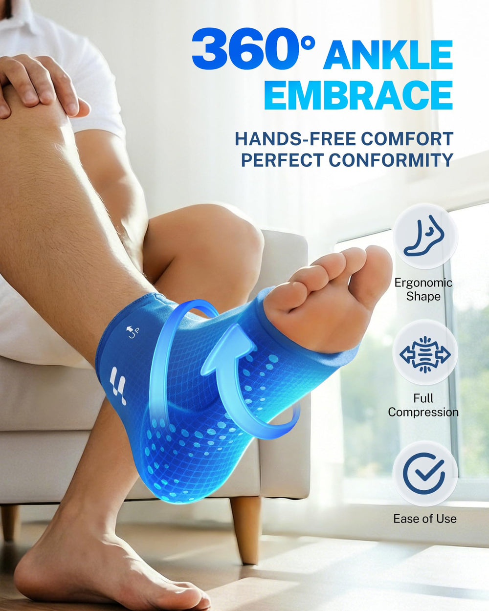 Fitomo Extended Ankle Ice Pack Wrap worn during activity demonstrates hands-free use.