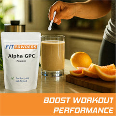 Pouring FitPowders Alpha GPC powder into a glass for easy mixing