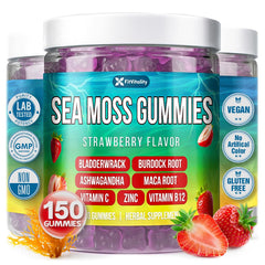 FitVitality 150 Sea Moss Gummies bottle with strawberry flavor supports daily energy and wellness.