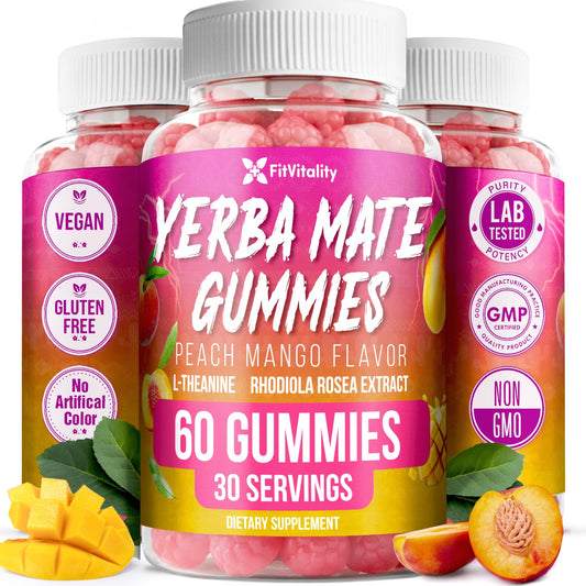 FitVitality 60 Yerba Mate Gummies packshot showing vibrant peach-mango flavor and vegan formula.