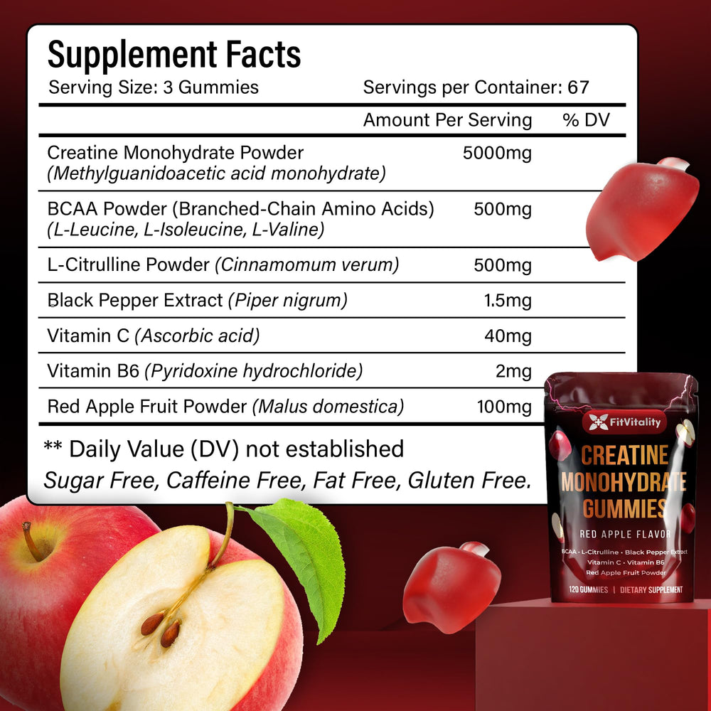 FitVitality Creatine Gummies being poured to show sugar-free red apple flavor