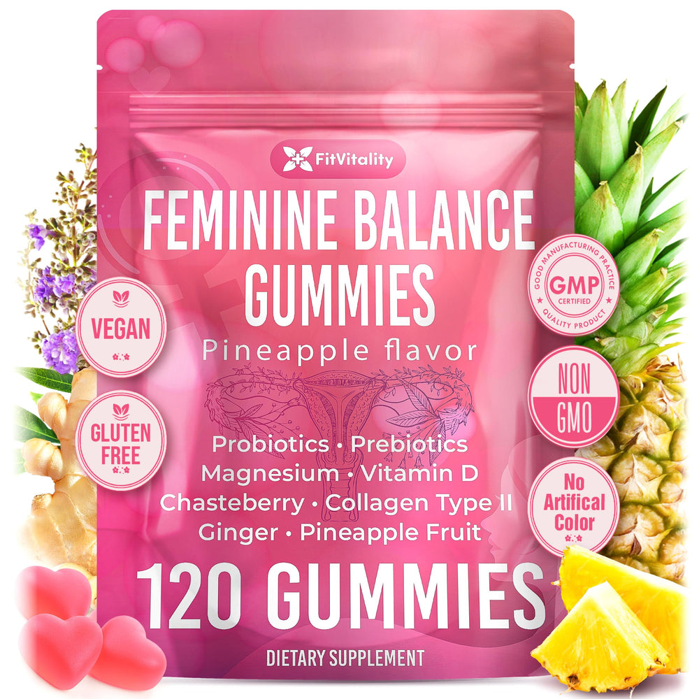 FitVitality Premium 120 Feminine Balance gummies bottle for a full month of daily support.