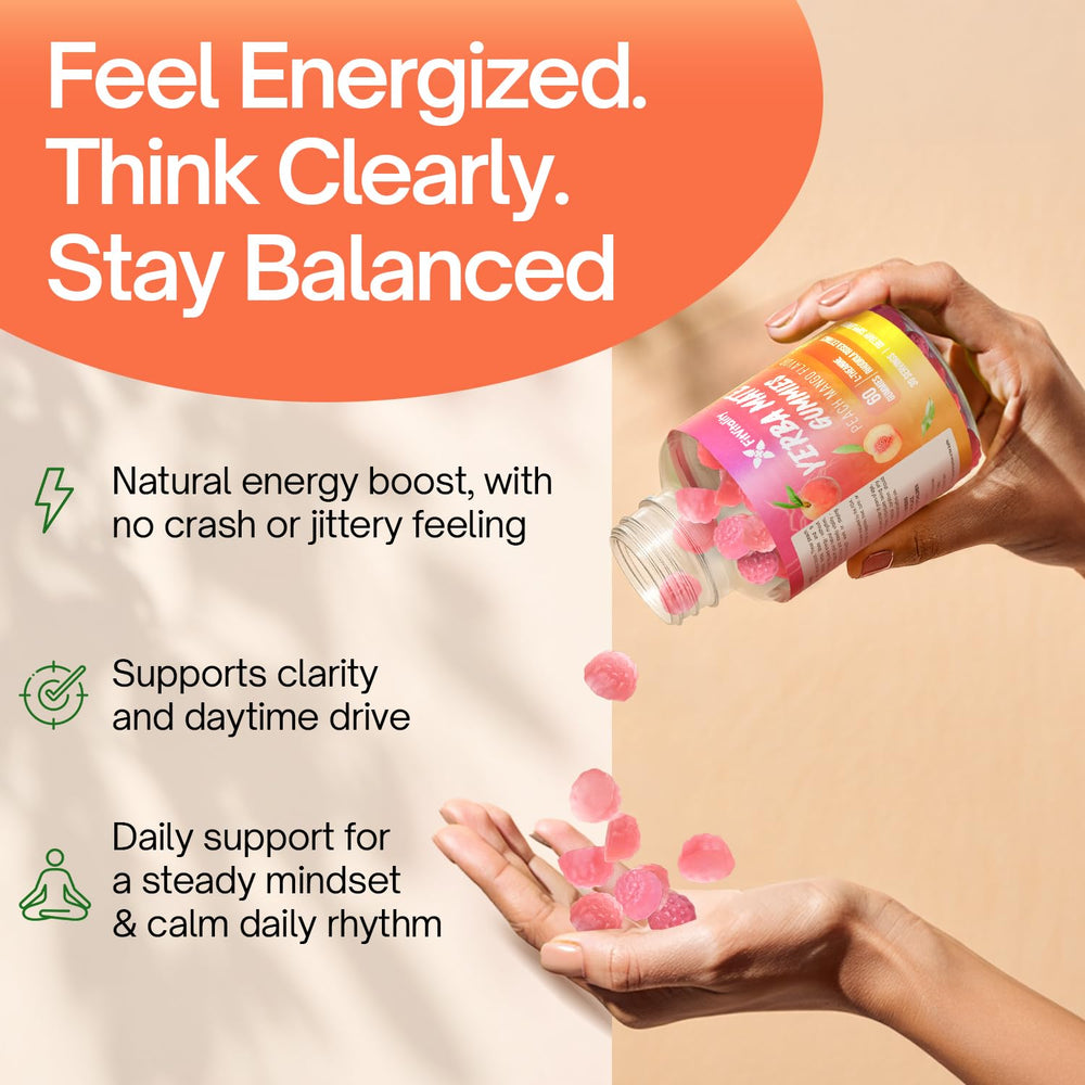 FitVitality Yerba Mate Gummies peach-mango flavor with fruity aroma and juicy texture.