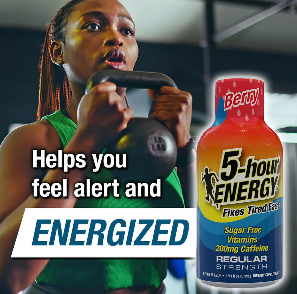 Five-hour ENERGY Berry Shot pour demonstrates quick caffeine boost on demand.