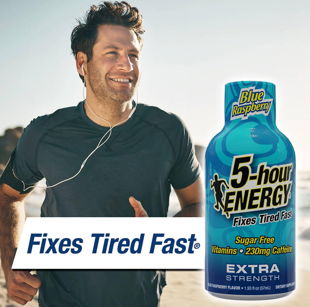 5-hour ENERGY blue raspberry shot pour action, blue raspberry flavor