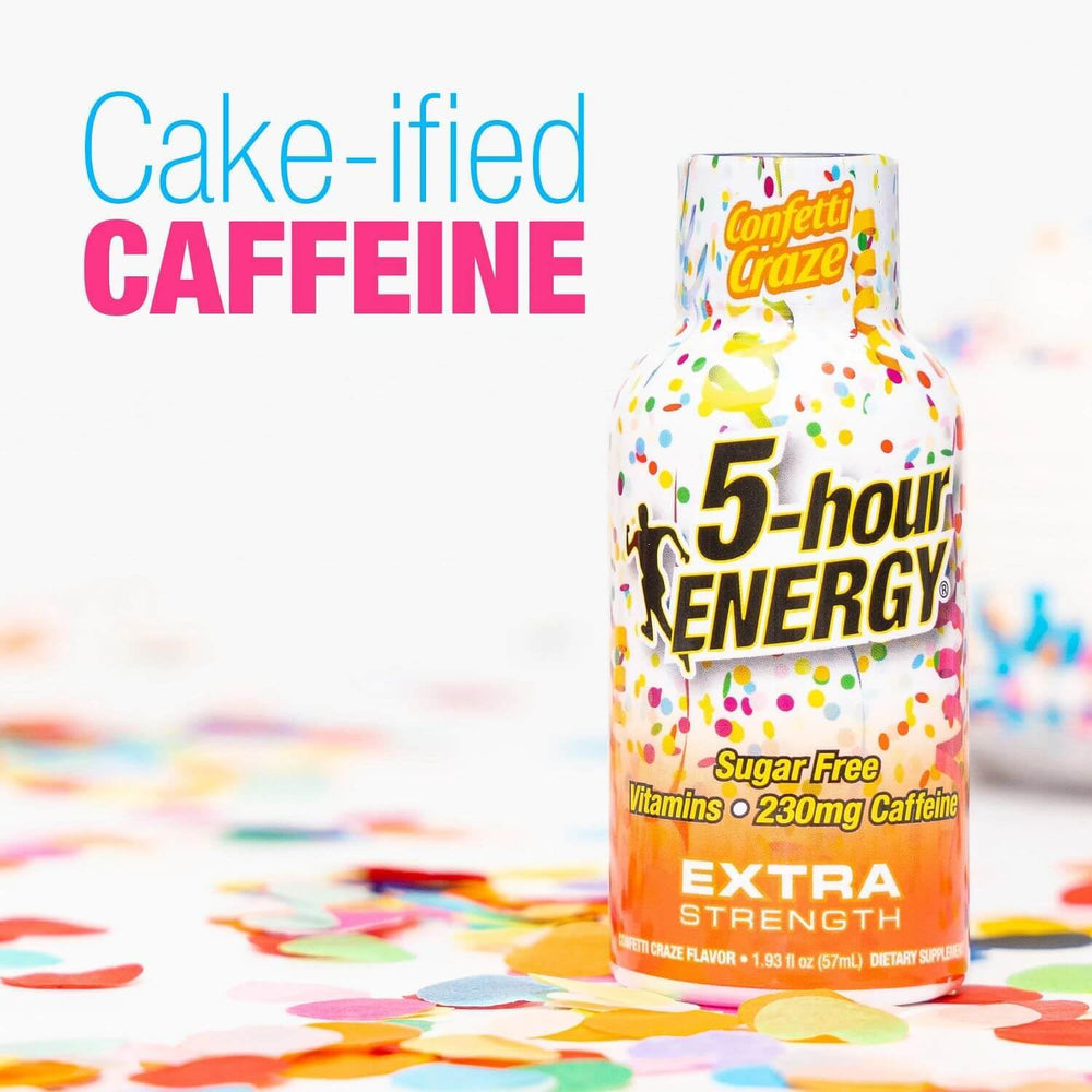 Five-hour ENERGY Confetti Craze packaging with festive visuals for celebrations.
