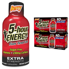 Five-hour ENERGY Extra Strength Berry Shot bottle front for quick energy on the go.