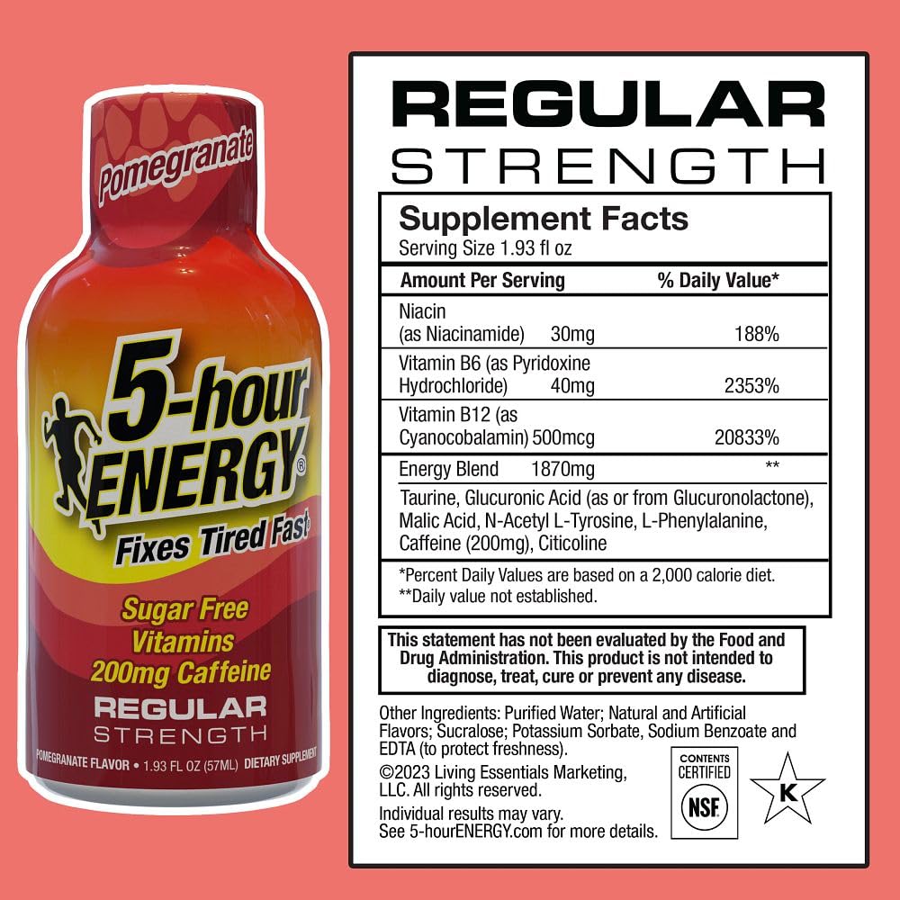 Close-up of 5-hour ENERGY pomegranate shot showing smooth taste and fast energy
