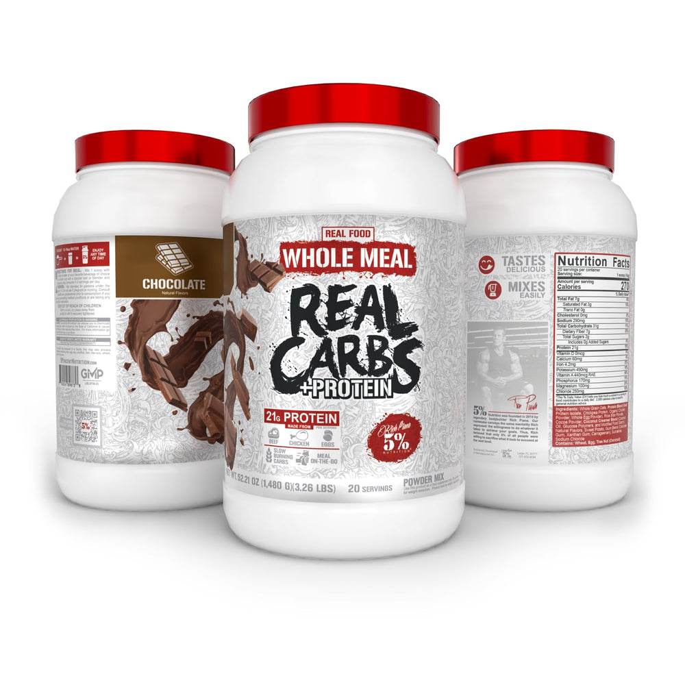 3 lb bag of Rich Piana Real Carbs Protein chocolate with label shown