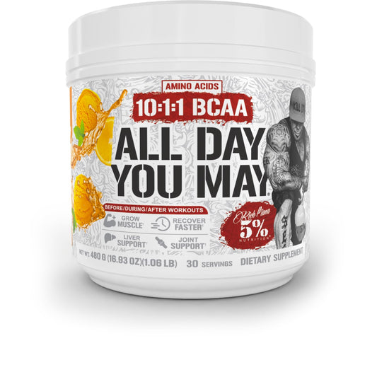 Five Percent Nutrition Rich Piana AllDayYouMay BCAA bottle ready for hydration and recovery