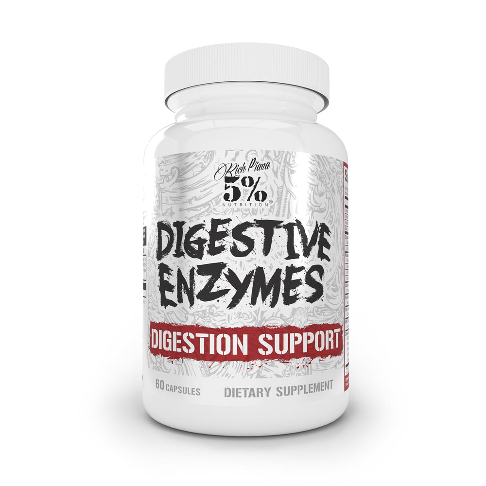 5% Nutrition Rich Piana Digestive Enzymes bottle showing protein and carbohydrate digestion support