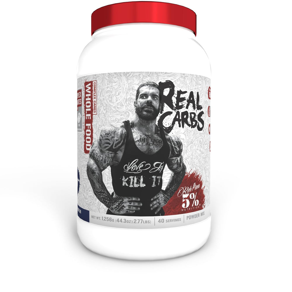 5% Nutrition Real Carbs blueberry cobbler tub highlights complex carbs for steady energy