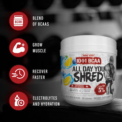 5% Nutrition Rich Piana AllDayYou Shred powder in glass with water for mixing.