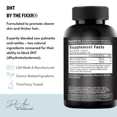 Fixxr DHT Support capsules closeup highlighting saw palmetto and nettles for hair support.