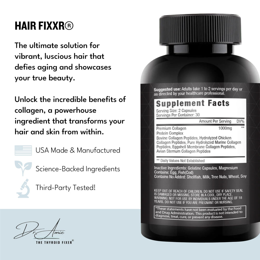 Fixxr Hair capsules close-up showcasing a premium collagen blend for hair texture.