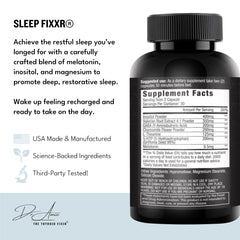 Fixxr Sleep Support ingredients panel shows melatonin, inositol, and magnesium.
