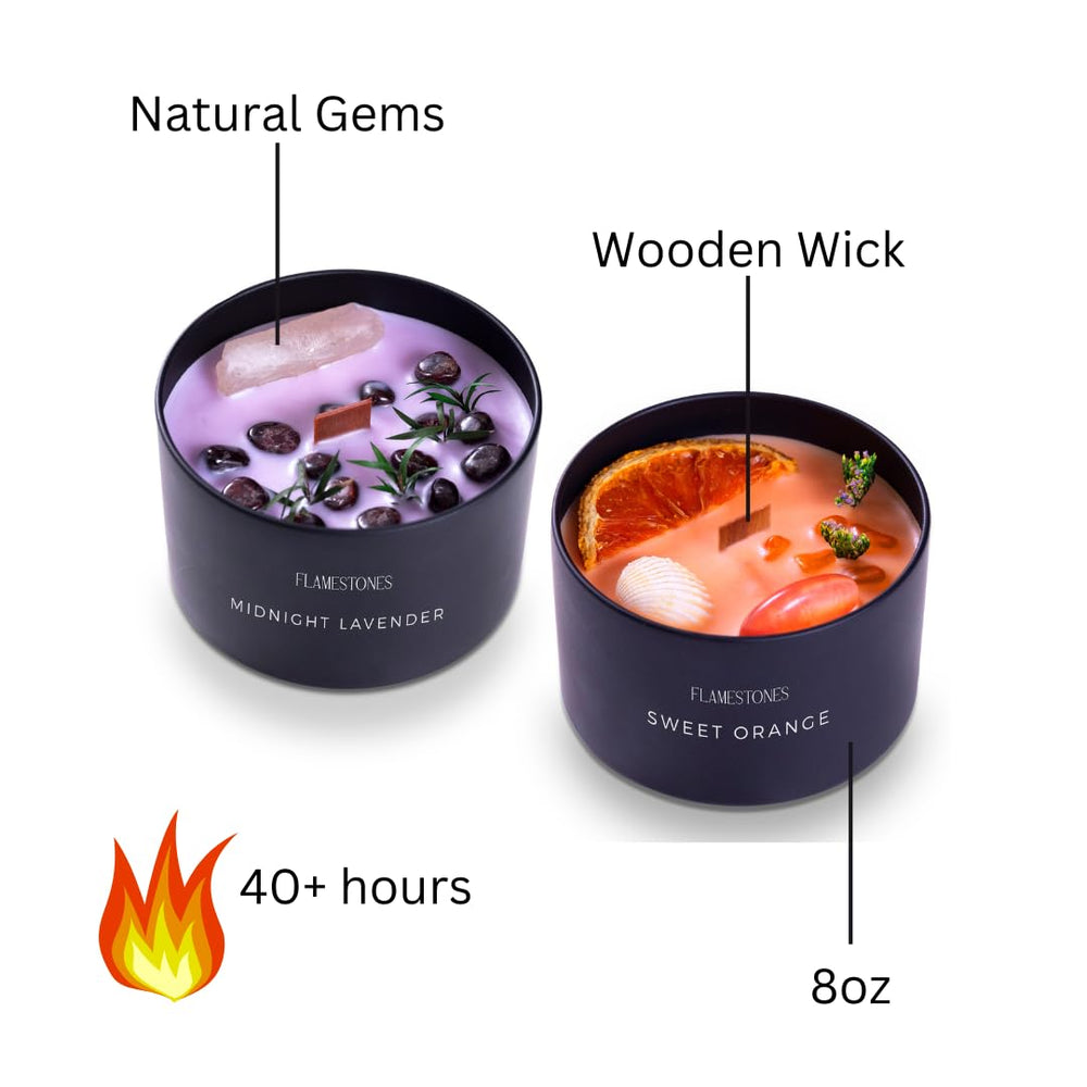 Flamestones Gemstone Woodwick crackling wick candle creates cozy ambiance in home or office.