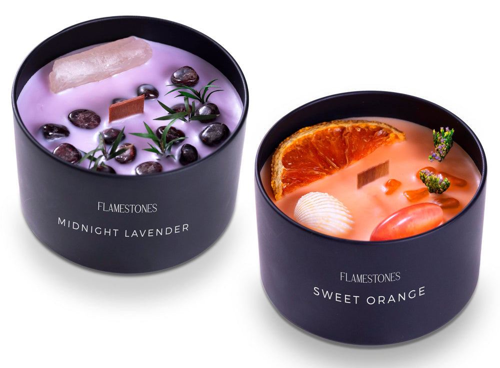 Flamestones Gemstone Woodwick Midnight Lavender candle with gemstone infusion for a calming ambiance.