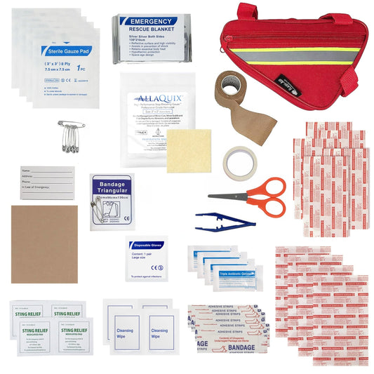 Flash-Aid cycling first aid kit compact bundle mounted on a bike frame for quick access.