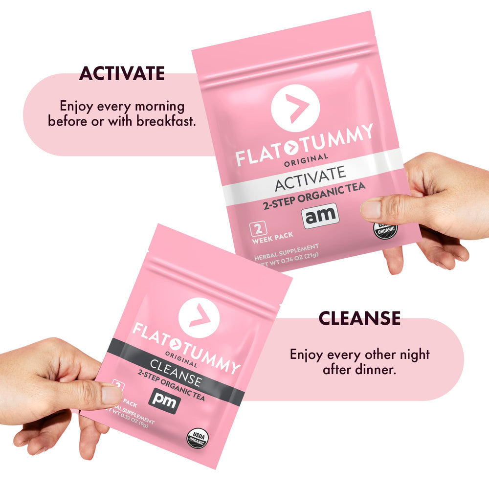 Flat Tummy Detox Tea packaging front for a two-week program