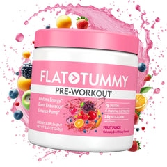 Flat Tummy Watermelon pre-workout powder boosts energy for workouts.