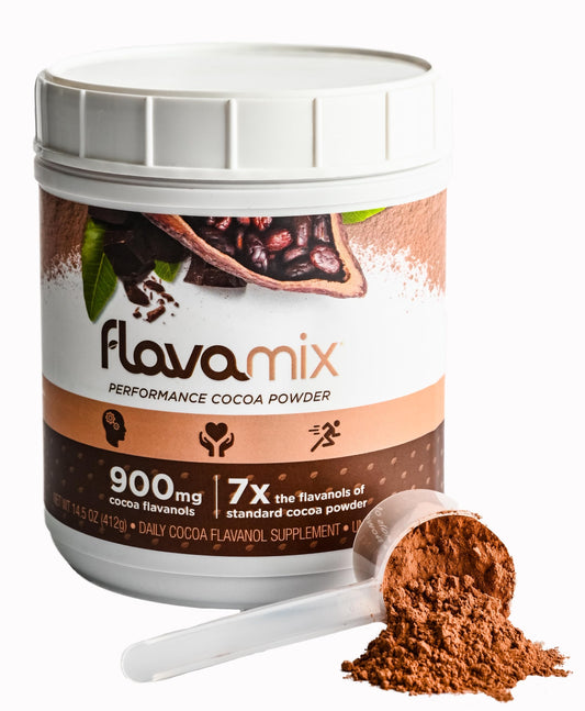 FlavaNaturals FlavaMix cocoa powder jar highlighting rich color for heart-friendly, plant-based nutrition.