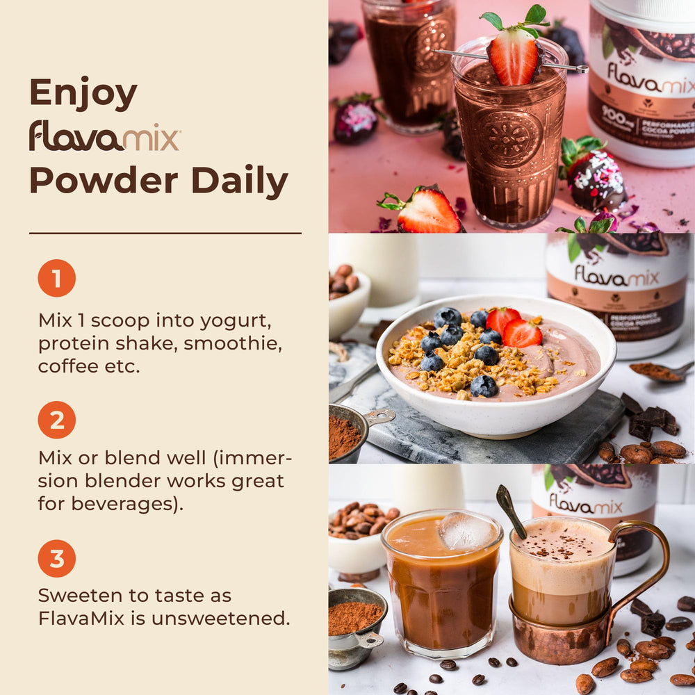 FlavaNaturals FlavaMix cocoa powder measuring spoon for easy daily use.