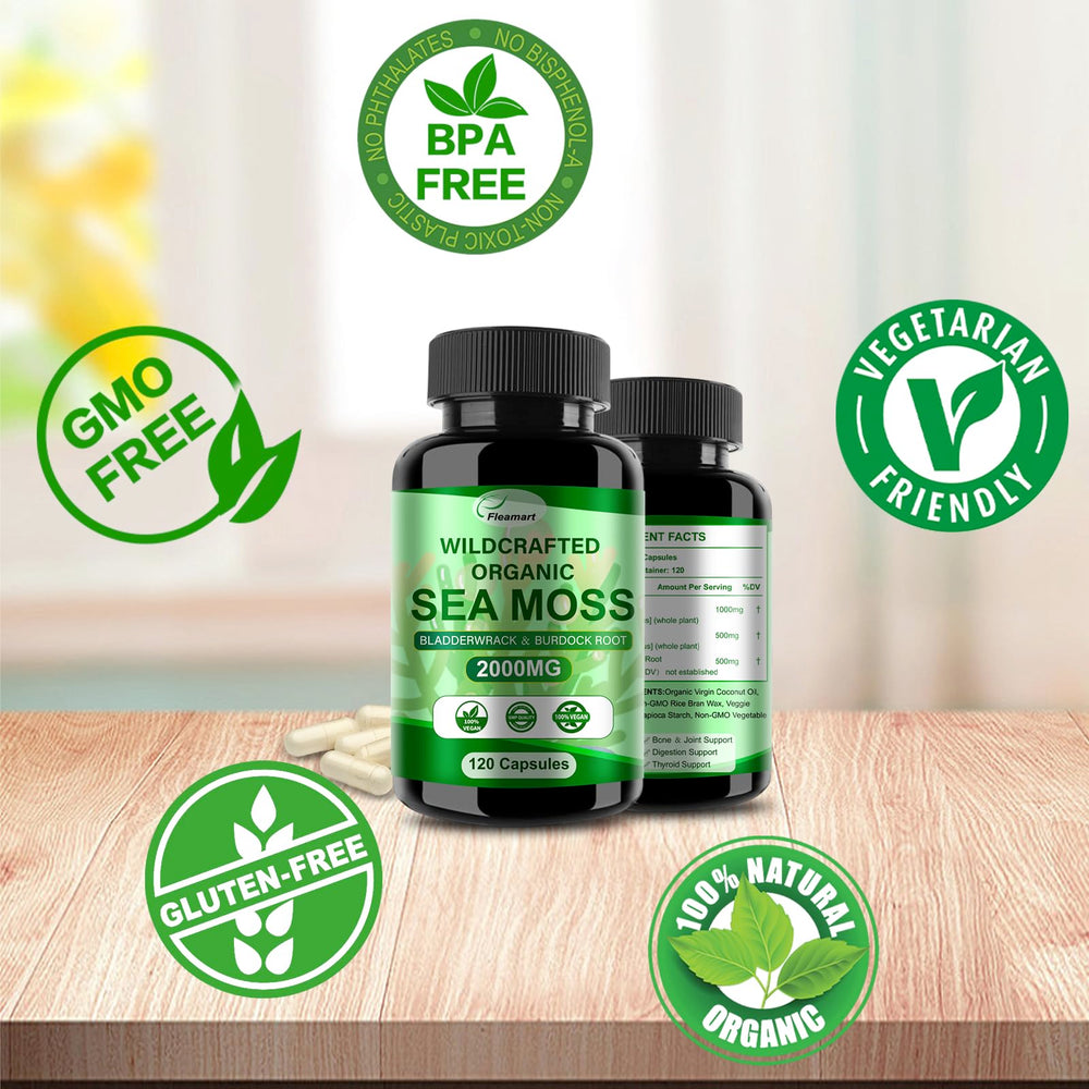 Fleamart Irish Sea Moss Capsules close-up showing sea moss nutrients