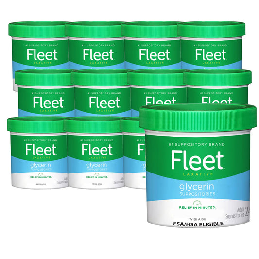 Fleet glycerin suppositories jar close-up showing packaging and 24-count supply for constipation relief.