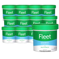 Fleet glycerin suppositories jar close-up showing packaging and 24-count supply for constipation relief.