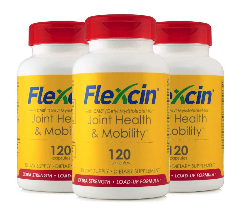 Flexcin extra-strength bottle with capsules for daily joint support.