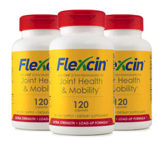Flexcin extra-strength bottle with capsules for daily joint support.