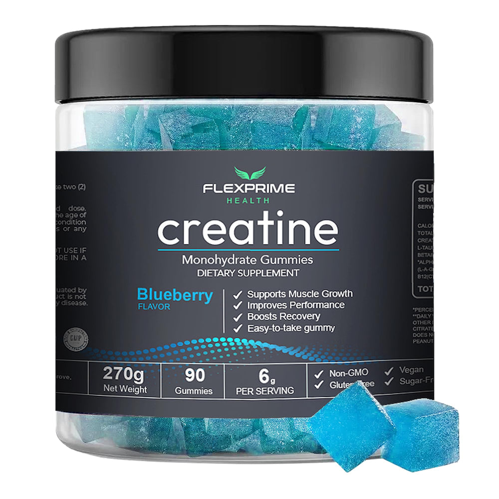 FlexPrime Creatine Gummies bottle view for convenient muscle support on the go.