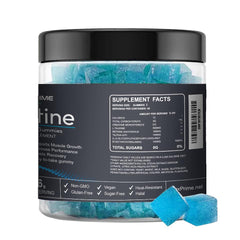 FlexPrime Creatine Gummies closeup of blueberry-flavored gummies with chewy texture.