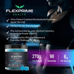 FlexPrime Creatine Gummies on gym bench illustrating recovery and endurance support.