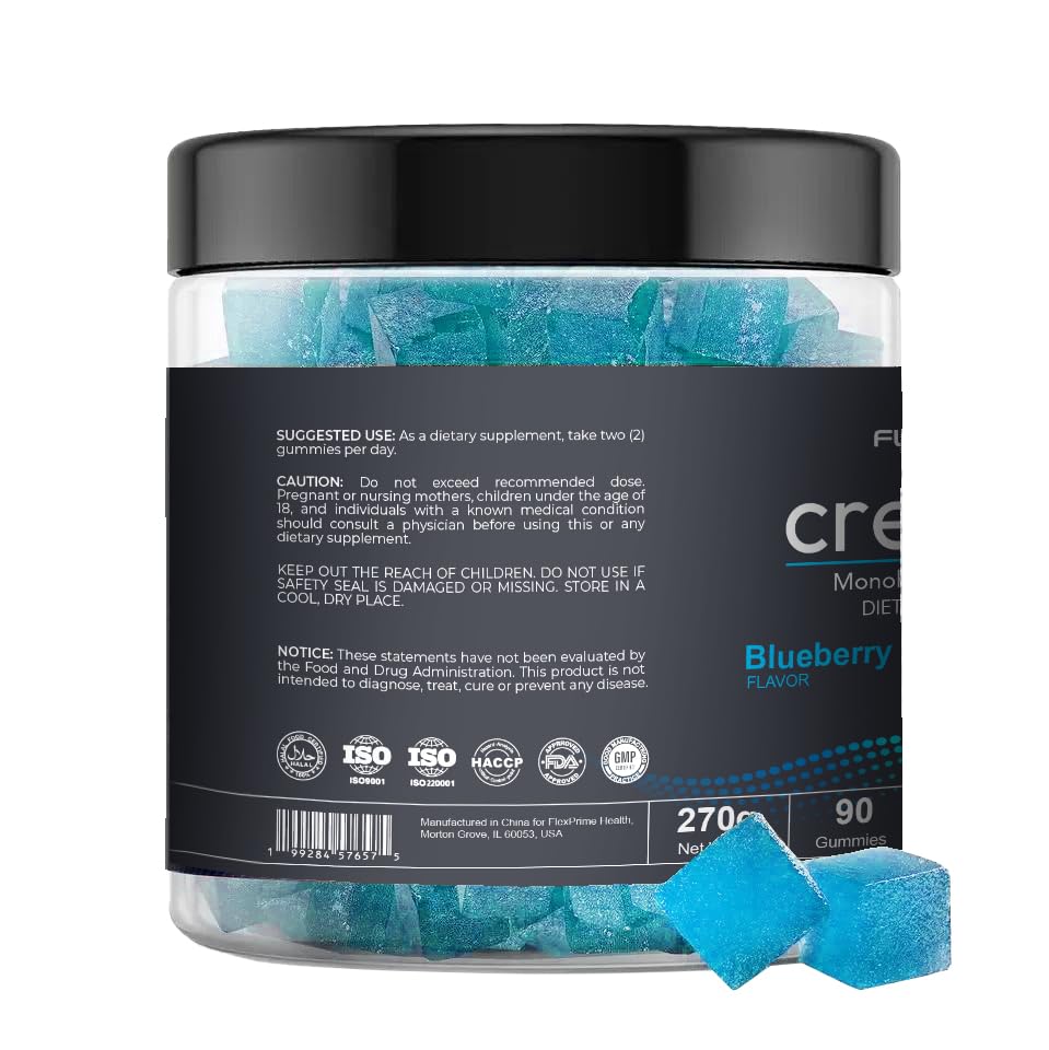FlexPrime Creatine Gummies label detail highlights 3g creatine per gummy.
