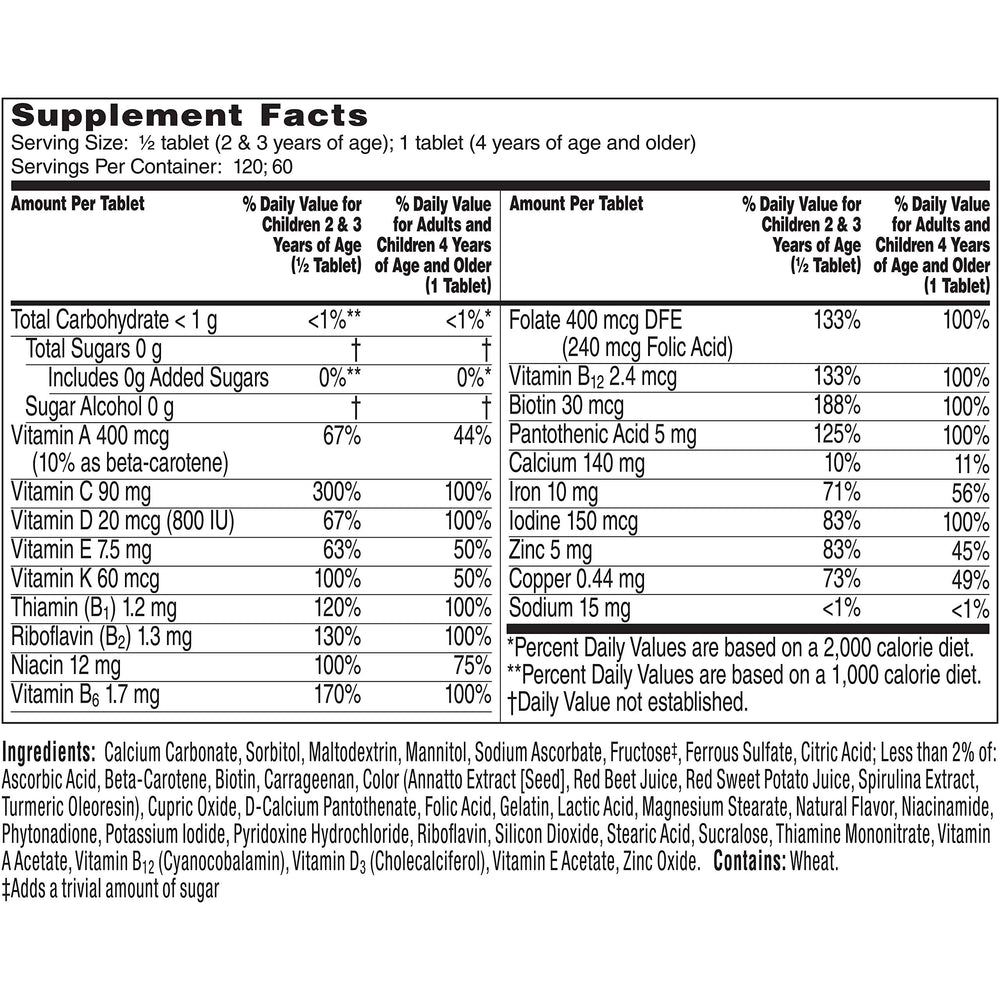 Flintstones label highlights vitamins A, C, E and iron on packaging.