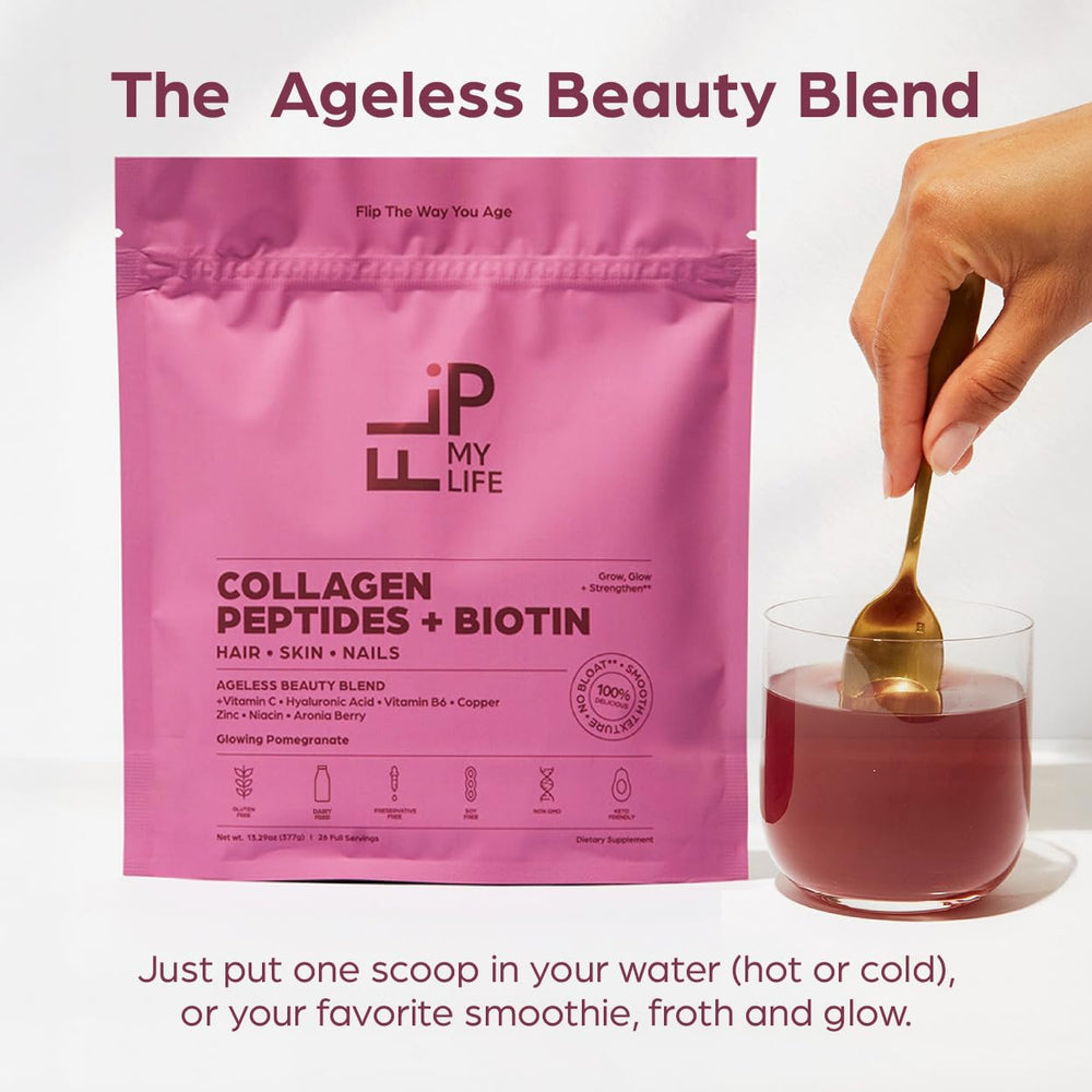 Flip My Life Collagen Peptides powder-scoop ready to mix for easy daily protein intake.
