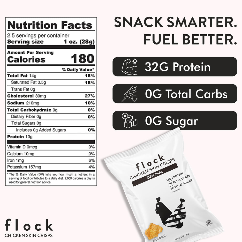 Flock Keto Chicken Skin Chips crispy closeup; crunchy texture ideal for snacking.