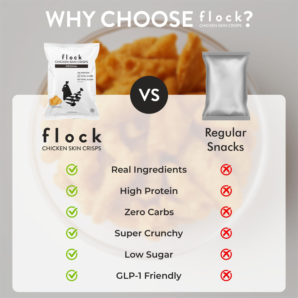 Flock Keto Chicken Skin Chips with dips plate; pairs well with your favorite dip.