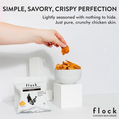 Flock Keto Chicken Skin Chips ingredients label; real chicken and simple seasoning.