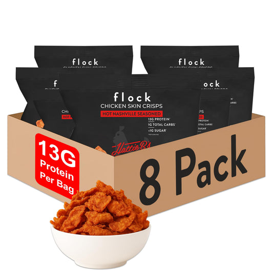Flock Keto Chicken Skin Chips Nashville Hot bag front — high-protein snack