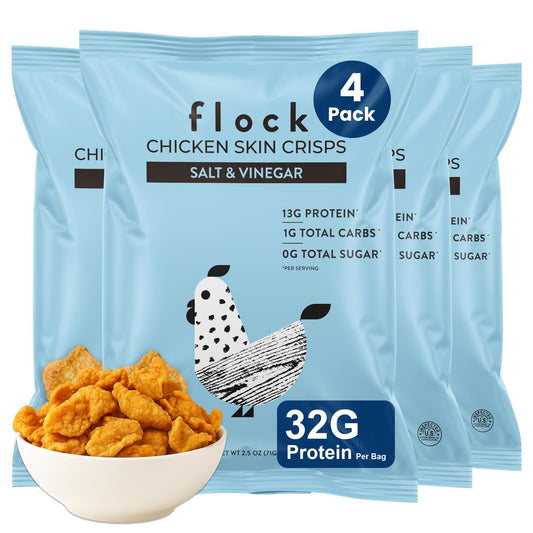 Flock Keto Chicken Skin Chips Salt & Vinegar bag close-up, high-protein keto snack.